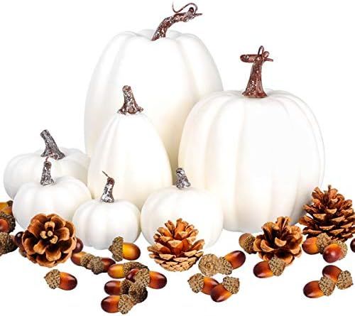 Amazon.com: 7 pcs Assorted Sizes White Artificial Pumpkins Faux Foam Autumn Pumpkins with 24 pcs ... | Amazon (US)