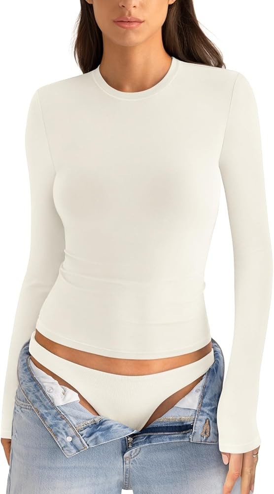 Womens Cotton Long Sleeve Shirts Crew Neck Slim Fit Basic Going Out Crop Outfits for Spring Fall ... | Amazon (US)