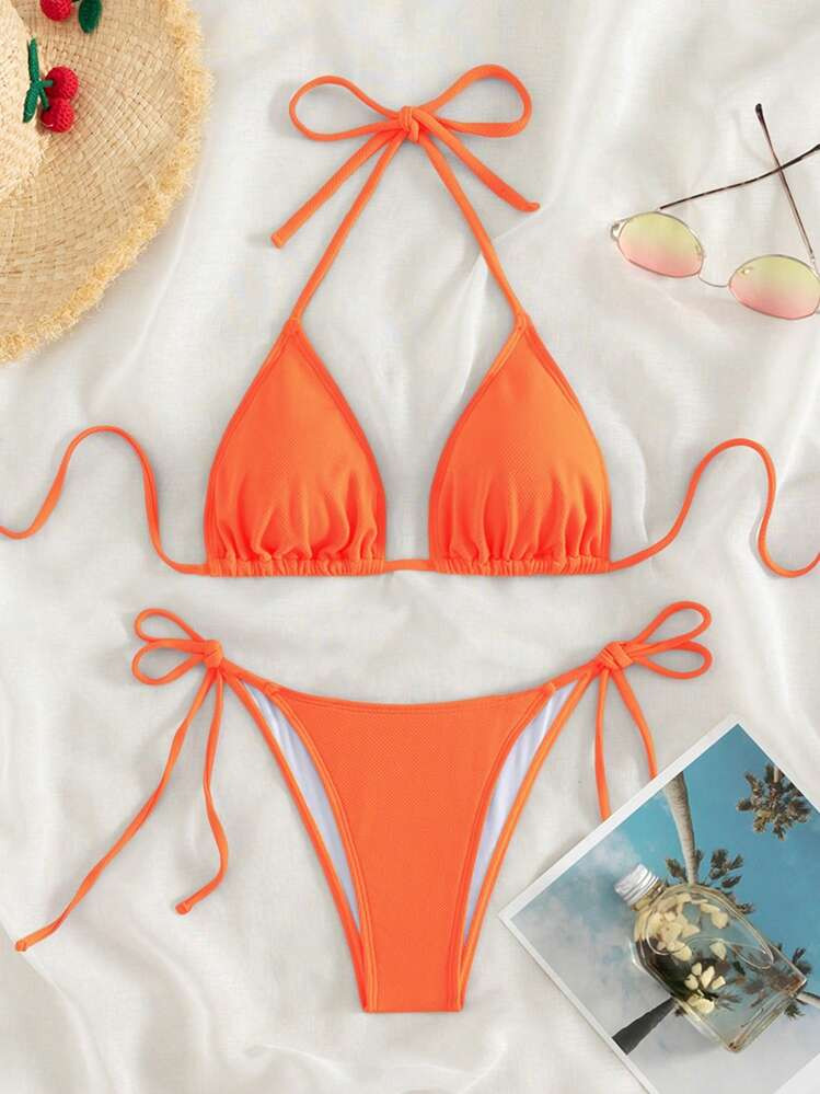 SHEIN Swim Summer Beach Halter Triangle Tie Side Bikini Set, Bathing Suit | SHEIN