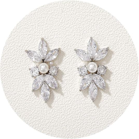 SWEETV Marquise Cubic Zirconia Wedding Bridal Stud Earrings for Brides Bridesmaids, Crystal Pearl... | Amazon (US)