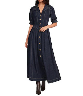 A Loves A Denim Notch Lapel 3/4 Bubble Sleeve Button Front Basque Waist Fit and Flare A-Line Maxi... | Dillard's