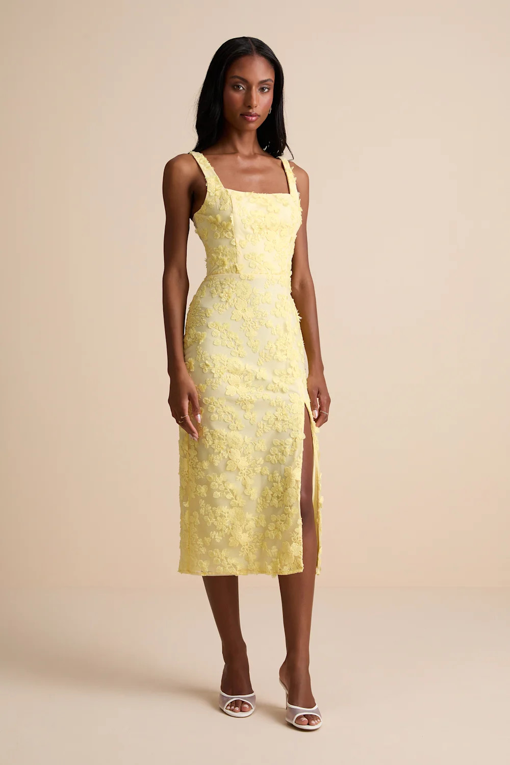 Chesley Light Yellow 3D Floral Embroidered Tie-Back Midi Dress | Lulus