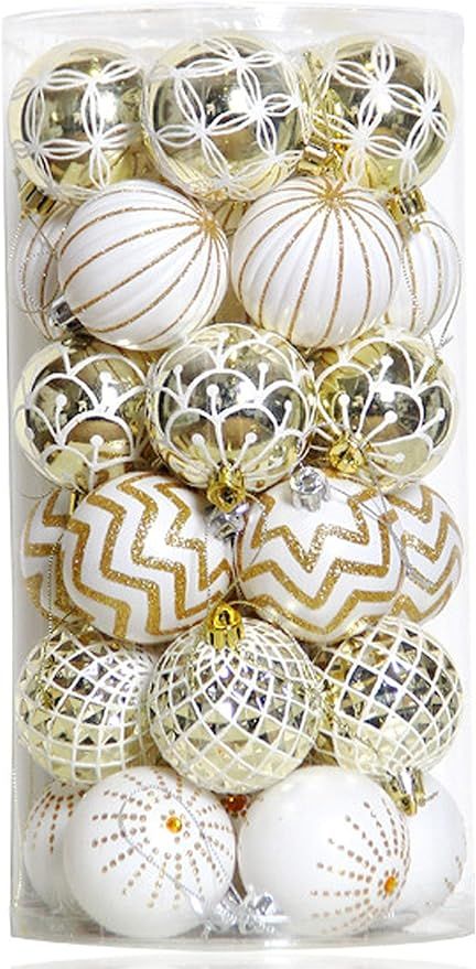 Amazon.com: 30PCS Christmas Balls Ornaments,60MM Gold&White Painted Shatterproof Festive Wedding ... | Amazon (US)