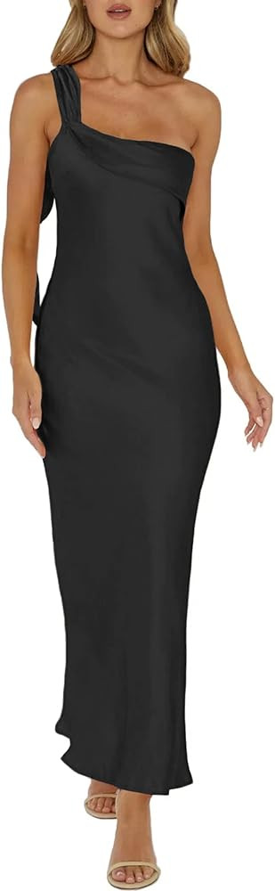 2025 Satin One Shoulder Maxi Dress for Women Summer Silk Formal Elegant Backless Ruffle Sleeveles... | Amazon (US)