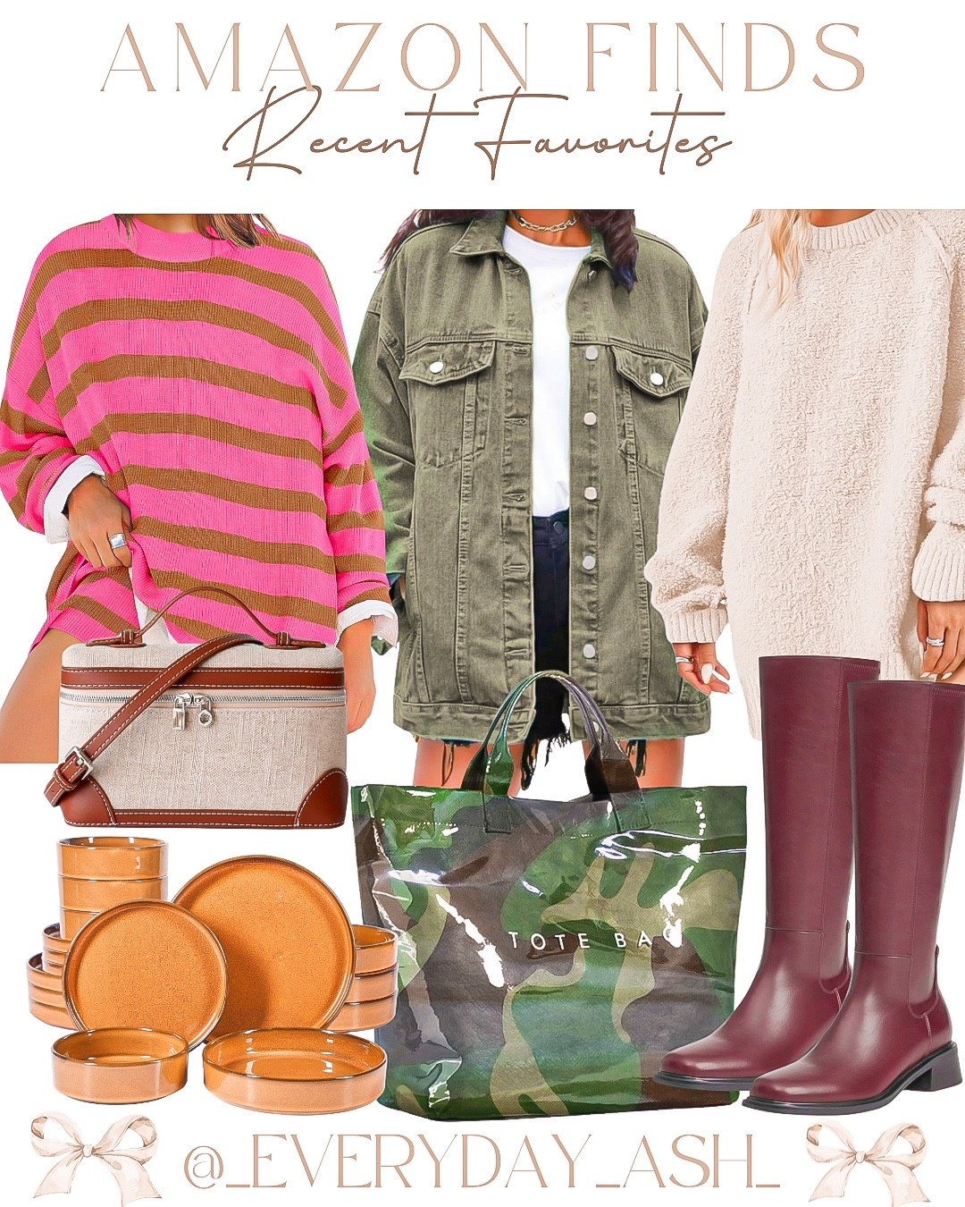 Amazon // recent favorites 💕

Two piece set, Amazon fashion, green denim jacket, sweater, crossbody bag, purse, tote bag, camo style, burgundy boots, kitchen finds, dishware 

#LTKHome #LTKFindsUnder50 #LTKStyleTip