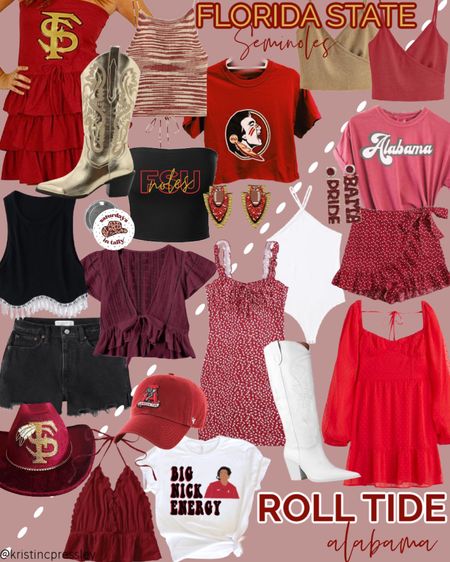 College game day outfit inspo. College football. Football. Game day. Tailgating. Tailgating outfit. FSU top. Florida State University outfit. Seminoles. Seminole T-shirt. Game day pin. Game date earrings. Game day hat. Red hat. Black tassled shirt. Garnet shirt. Burgundy shirt. Garnet dress. Gold dress. Gold top. Backless top. Black denim shorts. Garnet and Gold. Fall outfit. Fall dress. 

#LTKstyletip #LTKSeasonal #LTKU