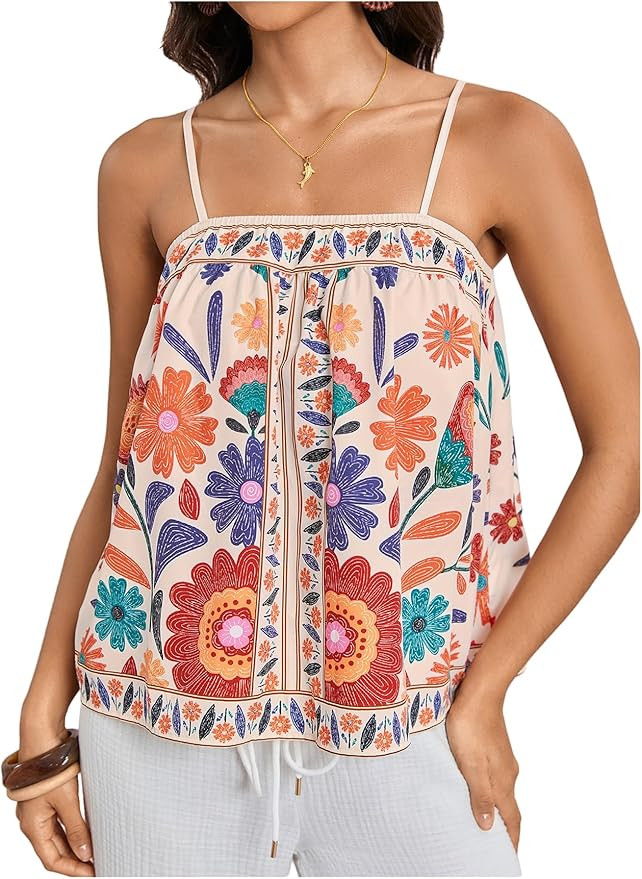 Women's Floral Tropical Boho Tops Spaghetti Strap Tank Top Vacation Beach Summer Camisole Tops | Amazon (US)