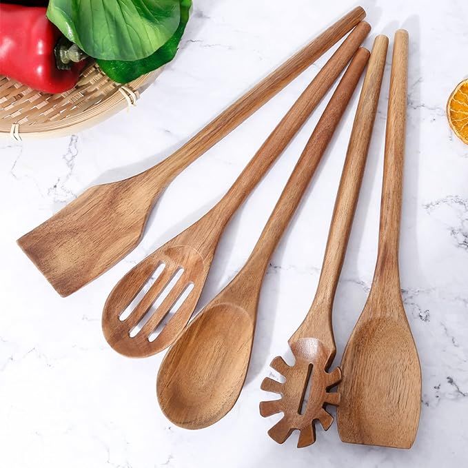 Exquisite Wooden Cooking Utensils For Kitchen, Set Of 5, 12 Inch Acacia Wood Kitchenware Tool Set... | Amazon (US)