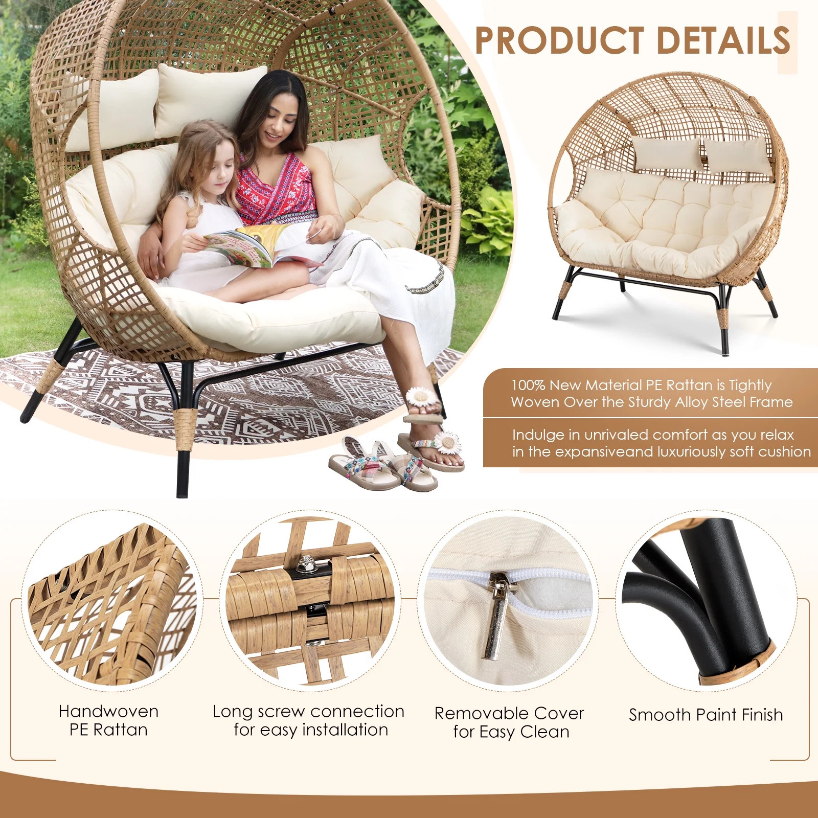 RADIATA Double Egg Chair for 2 Person, Oversized Wicker Loveseat with Thick Cushions, 680 lbs Cap... | Walmart (US)