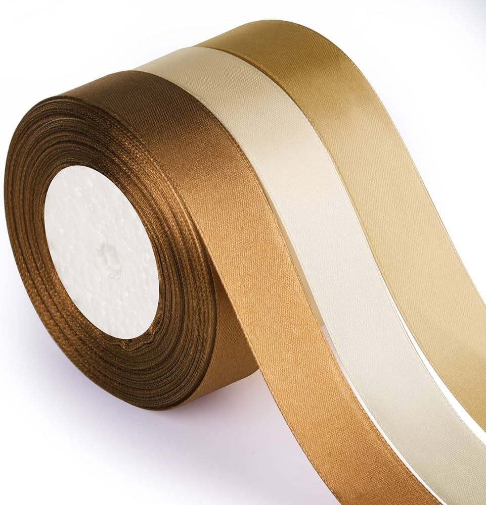 ASTARON Brown Gold Satin Ribbon for Wedding Bouquet DIY Crafts 1 Inch, Solid Color Ribbon Fabric ... | Amazon (US)