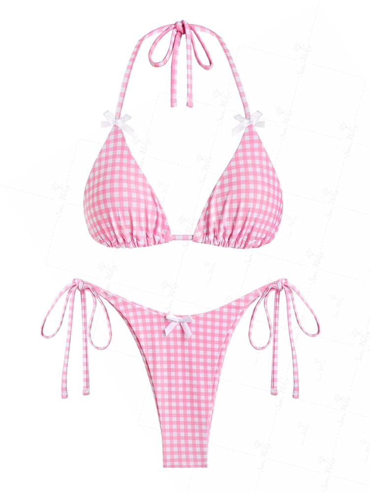 seamoly Contrast Binding Textured Halter Triangle Tie Side Bikini Set | Amazon (US)