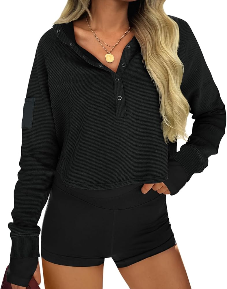 Fisoew Womens Cropped Sweatshirts Casual Henley Neck Snap Button Long Sleeve Ribbed Loose Fit Fal... | Amazon (US)