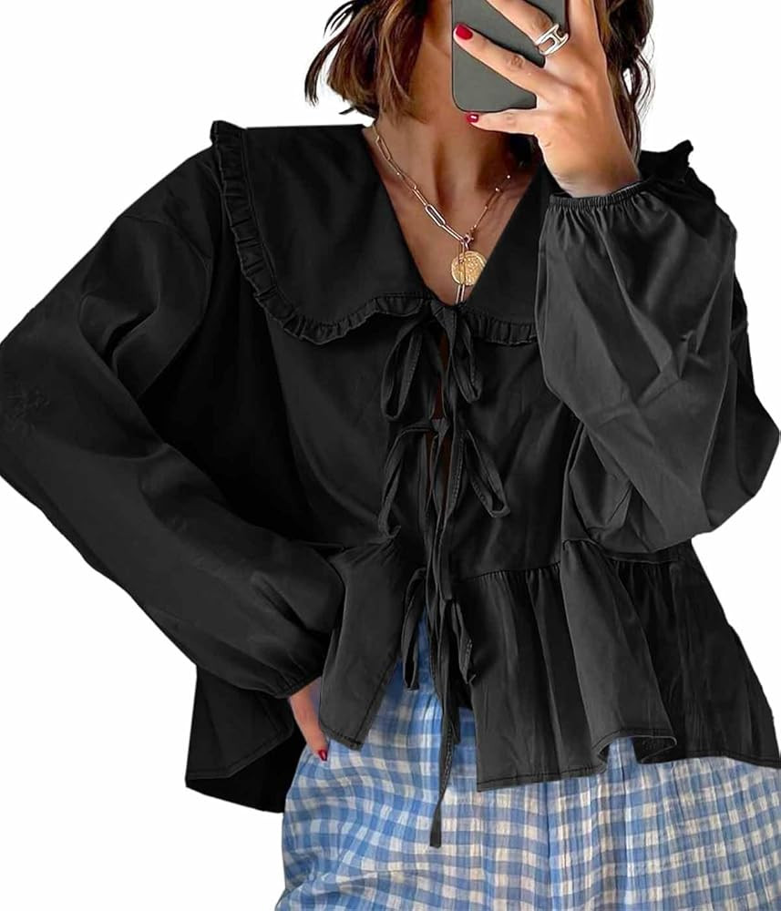 Tankaneo Womens Tie Front Tops Casual Babydoll Long Sleeve Blouses Peplum Cotton Bow Front Tops | Amazon (US)