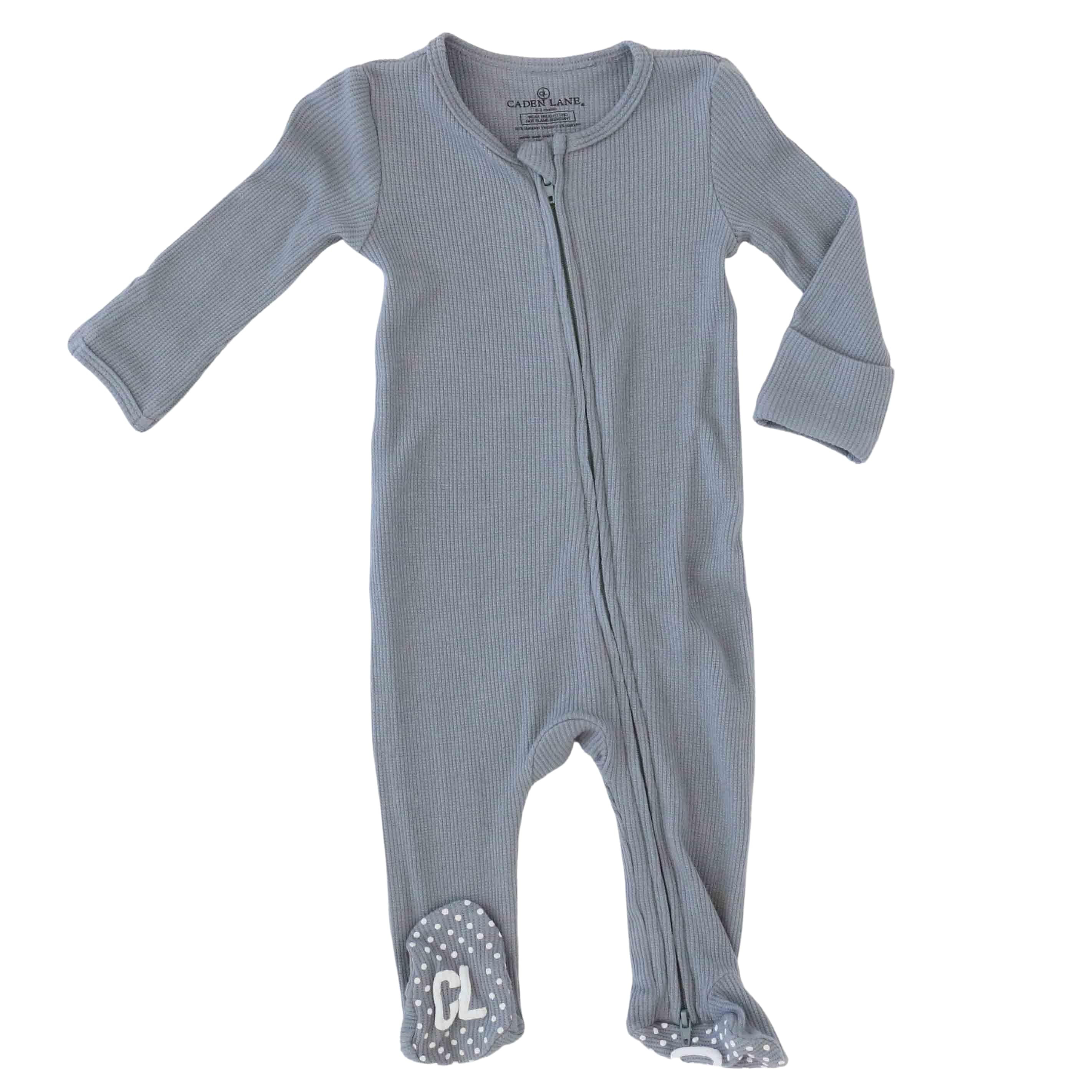 Dusty Denim Waffle Bamboo Zipper Footie | Caden Lane