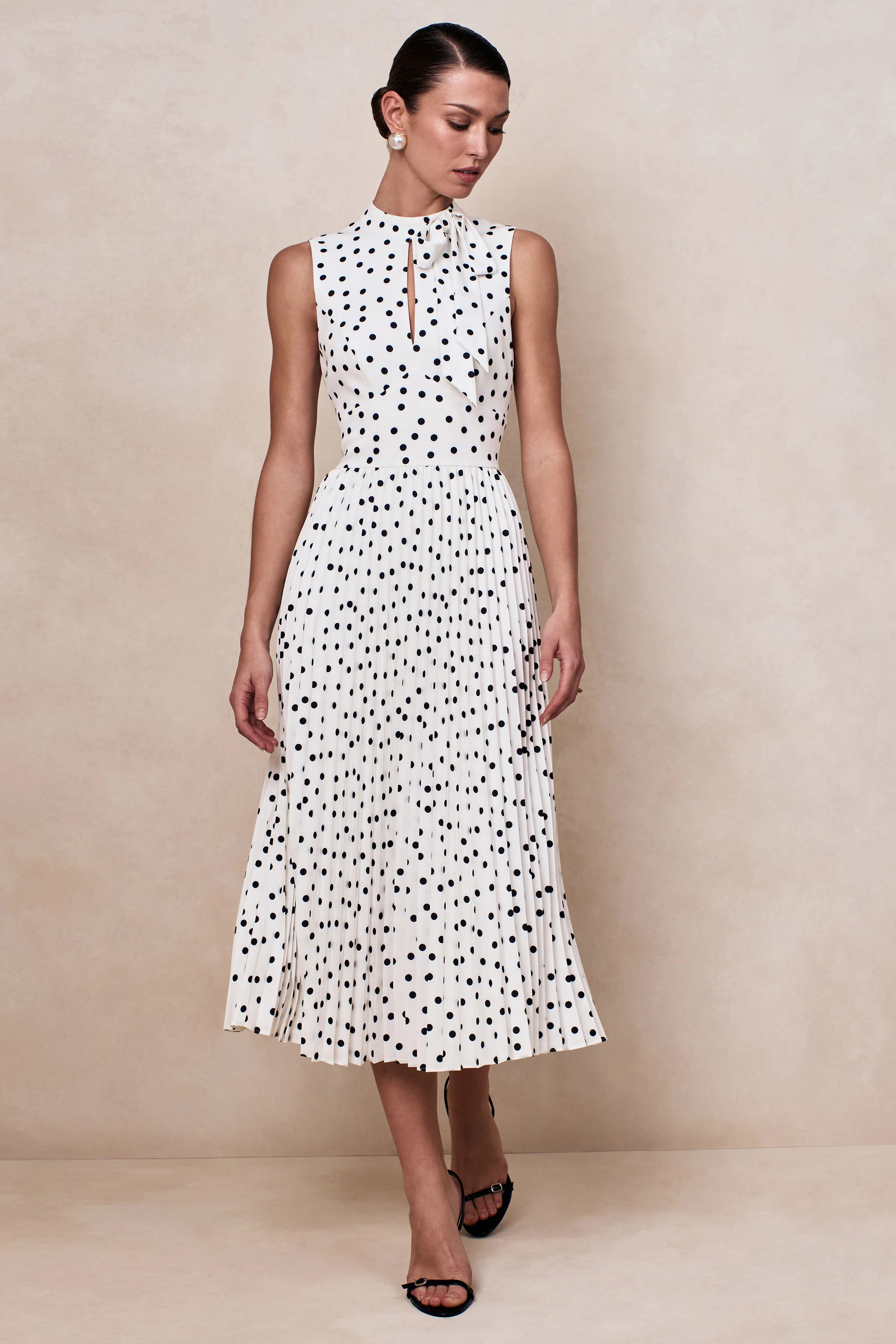 Avalon | White Polka Dot Scarf-Neck Midi Dress With Pleated Skirt | Club L London
