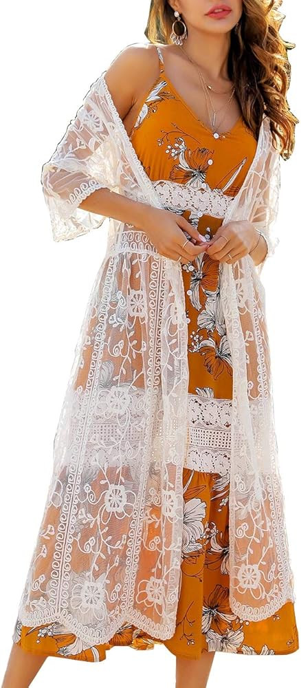 Women's Lace Cardigan Floral Crochet Sheer Beach Cover Ups Long Open Kimono | Amazon (US)