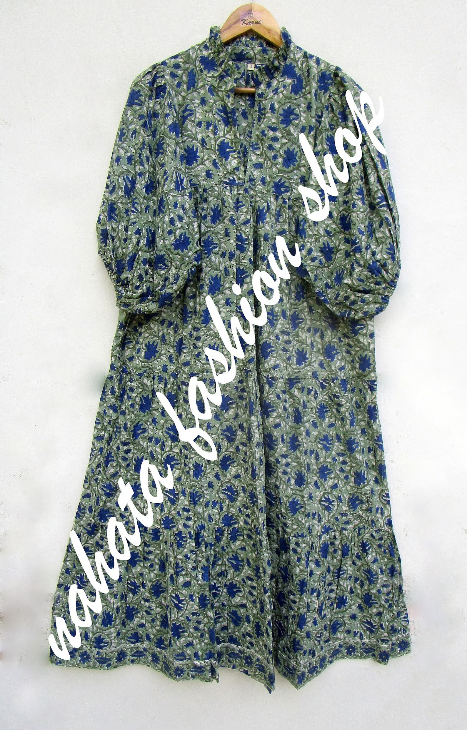 green blue floral printed cotton long maxi dress - v neckline maxi dress - 3/4th sleeve boho maxi... | Etsy (US)