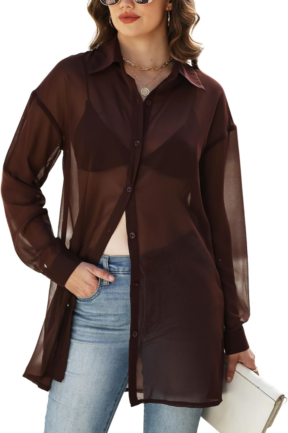 Gihuo Sheer Tops for Women See Through Button Up Blouse Sexy Mesh Shirt | Amazon (US)