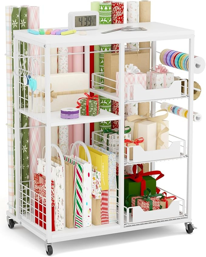 Wrapping Paper Organizer Storage with Wheels, Rolling Gift Wrap Cart with Ribbon and Gift Bag Sto... | Amazon (US)
