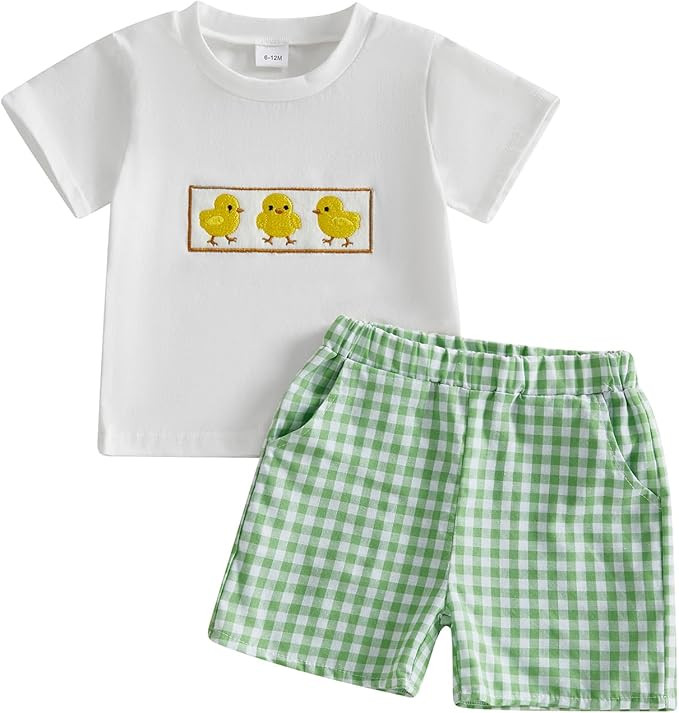 Toddler Baby Boy Clothes Summer Outfits Embroidery Smocked Short Sleeve Shirt T-Shirt + Gingham S... | Amazon (US)