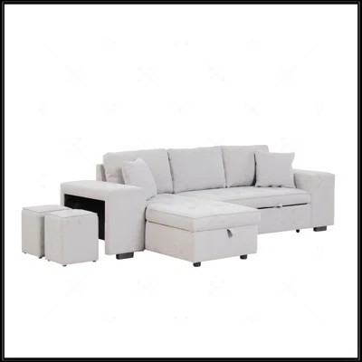 104.5 Inch Pull Out Sleeper Sofa, Reversible L-Shape 3 Seat Sectional Couch With Storage Chaise And 2 Stools For Living Room, Gray | Wayfair North America