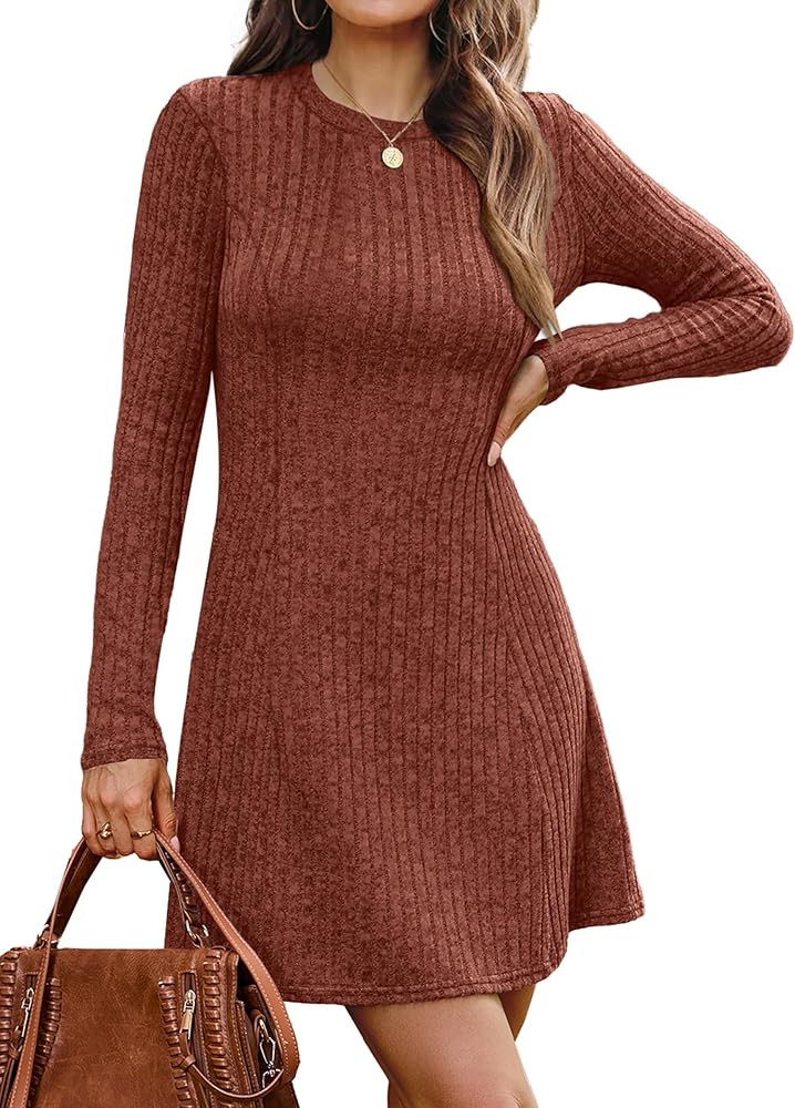 OFEEFAN Fall Dresses for Women 2025 Long Sleeve Crew Neck Sweater Dress | Amazon (US)