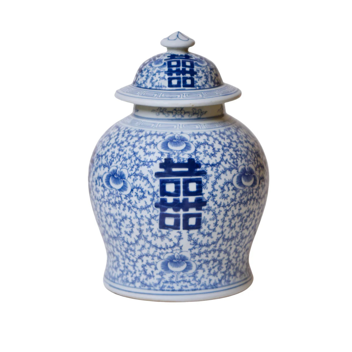 Medium Blue and White Porcelain Double Happiness Lidded Temple Jar | The Well Appointed House, LLC