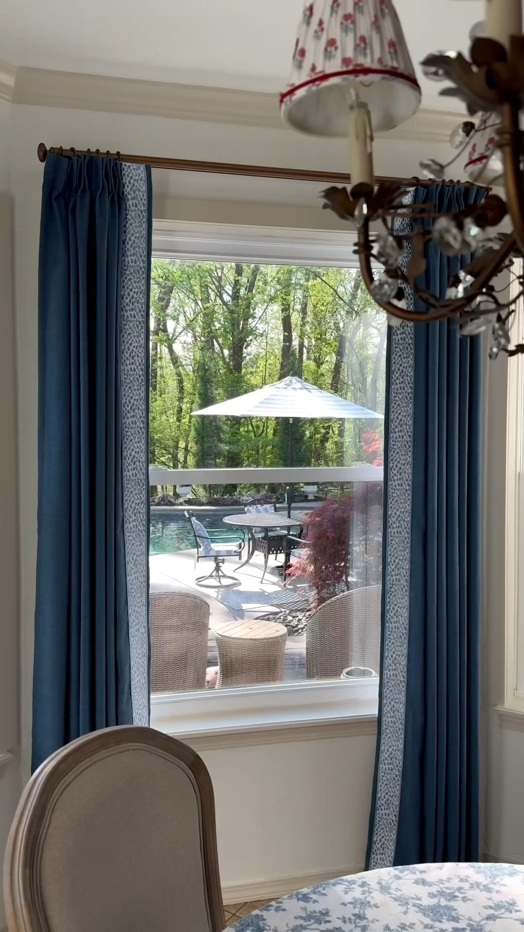 Custom pinch pleat linen curtain panels with blue cheetah trim border. Custom curtain rod with rings in a gorgeous antique bronze finish. Use code EARTH20 and save 20% 

#LTKSeasonal #LTKSaleAlert #LTKHome