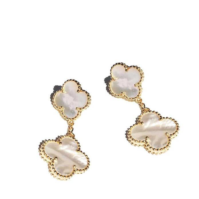 Women S925 Sterling Silver Plated 18k Gold Malachite Four-leaf 4 Clover Double Fower Earrings, Le... | Amazon (US)