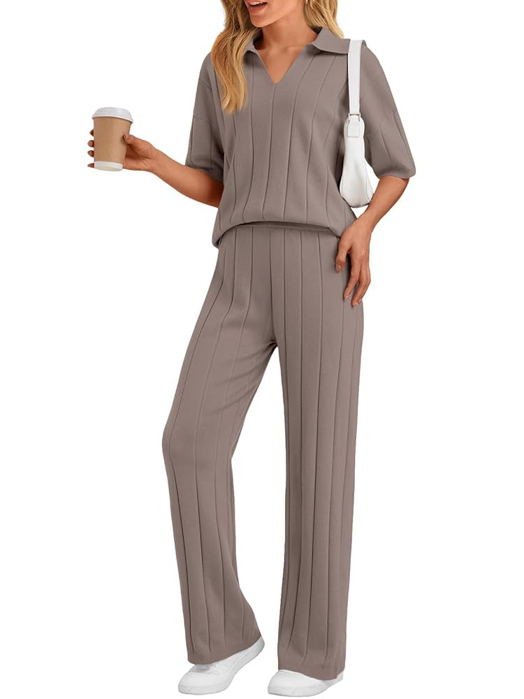 LILLUSORY Womens 2 Piece Ribbed Knit Lounge Sets Casual V Neck Top Pants Vacation Outfits | Amazon (US)