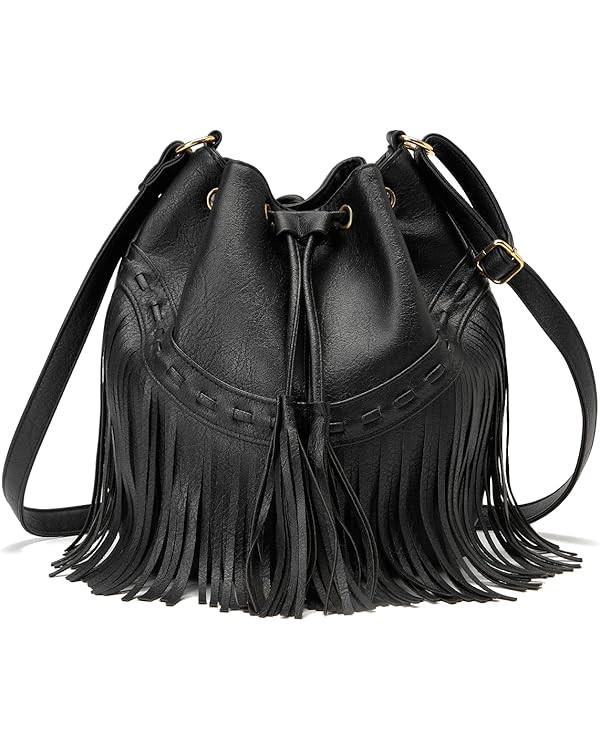 Leather Bucket Bags for Women Crossbody Fringe Purses with Drawstring Ladies Tassel Hobo and Shou... | Amazon (US)