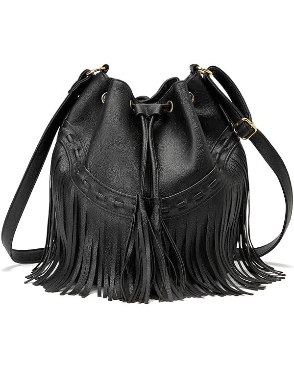 Leather Bucket Bags for Women Crossbody Fringe Purses with Drawstring Ladies Tassel Hobo and Shou... | Amazon (US)