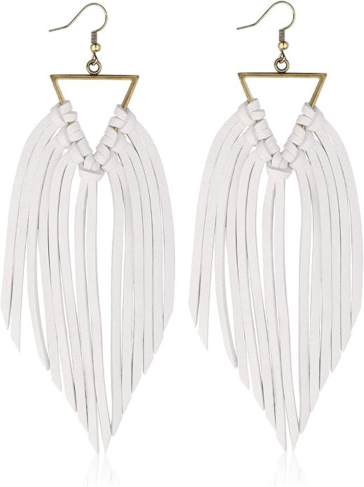 Fringe Leather Earrrings Triangle Deerskin Leather Boho Western Statement Dangel Earrings for Wom... | Amazon (US)