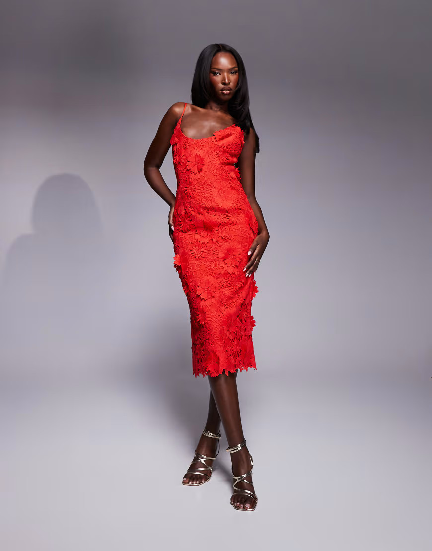 Bardot 3D lace midi dress in red | ASOS (Global)