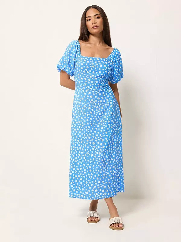 PixieGirl Petite Daisy Square Neck Puff Sleeve Midi Dress - Blue | Very (UK)