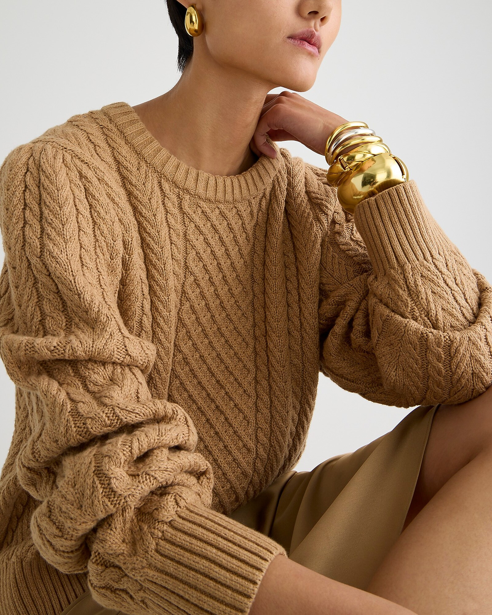 Cable-knit puff-sleeve crewneck sweater | J. Crew US