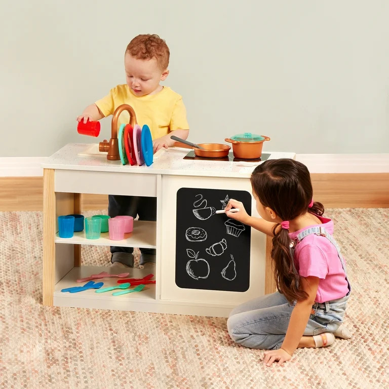Battat Two n' One Wooden Kitchen Café with Dishes and Chalkboard, Toddler and Preschool Toys | Walmart (US)