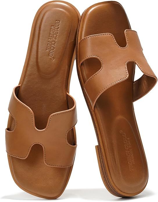 Fashion Flat Summer Sandals for Women 2024 - Leather Womens Sandals Comfortable Memory Foam Slide... | Amazon (US)