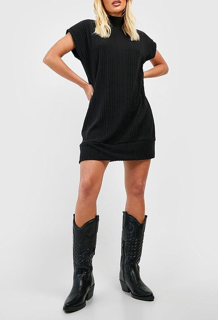 Women's Turtleneck Oversized Sweater Dress Short Cap Sleeve Pullover Sweaters Ribbed Knit Dresses | Amazon (US)