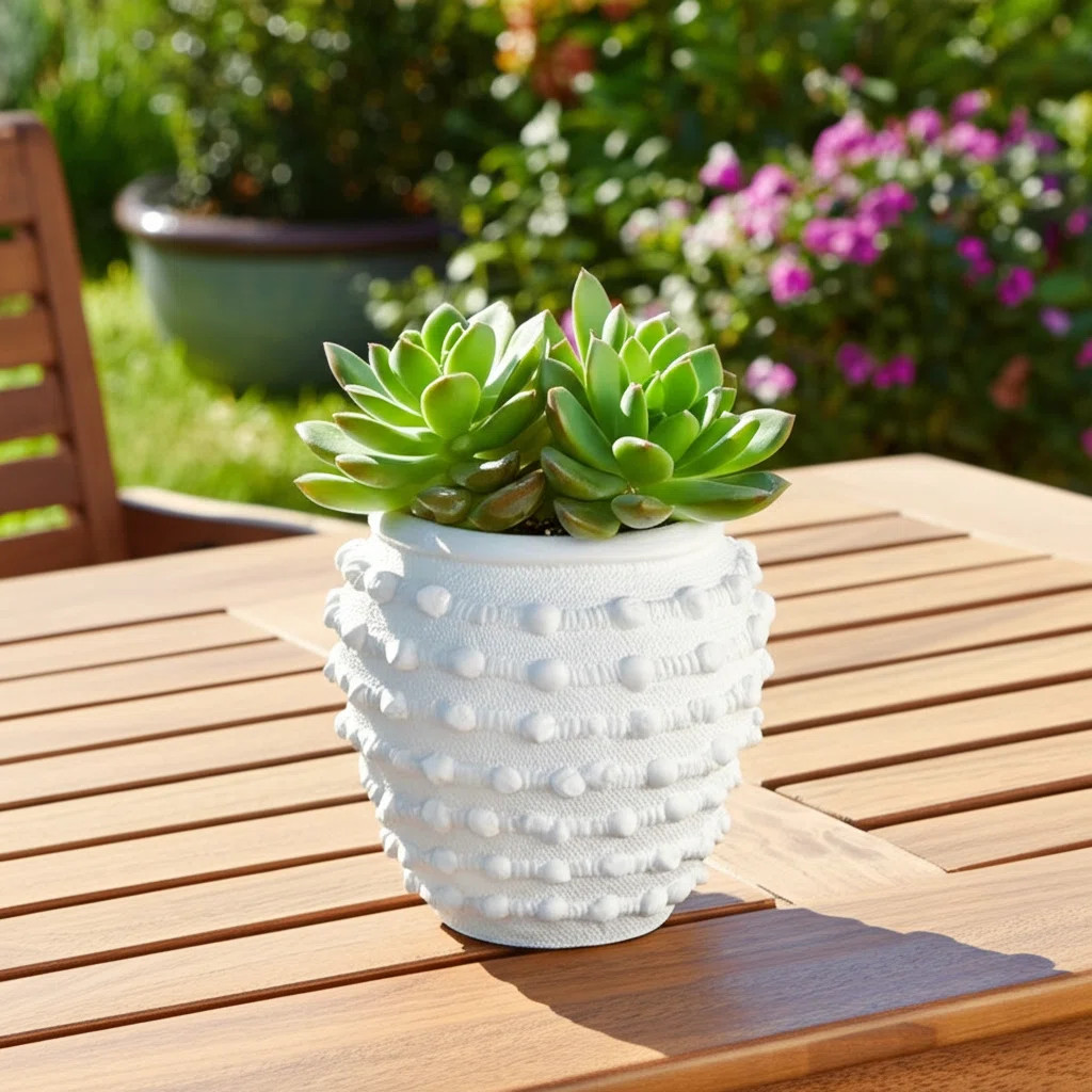 Stoneware Ceramic Planter with Raised Textured Surface and Rounded Edge Design - Contemporary Dec... | Wayfair North America