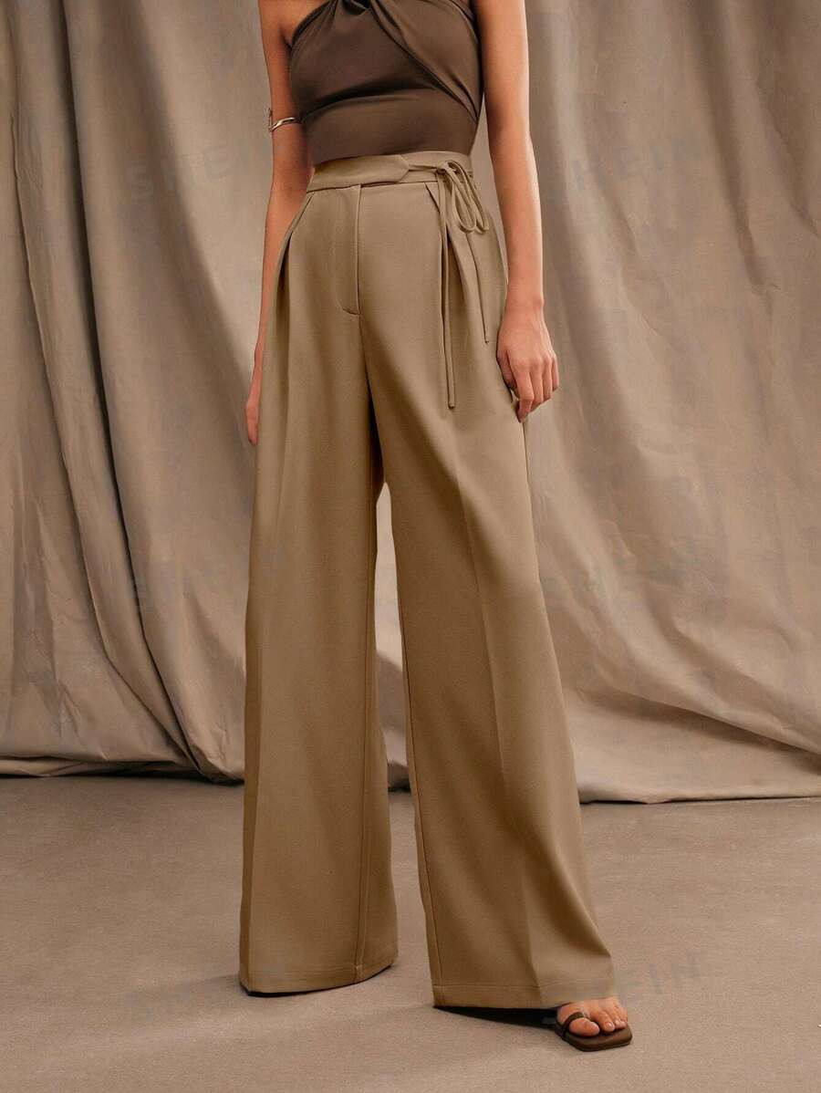 Anewsta Modern, Loose-Fitting, Straight-Leg Women's Long Suit Pants With Waist Tie, For Casual An... | SHEIN