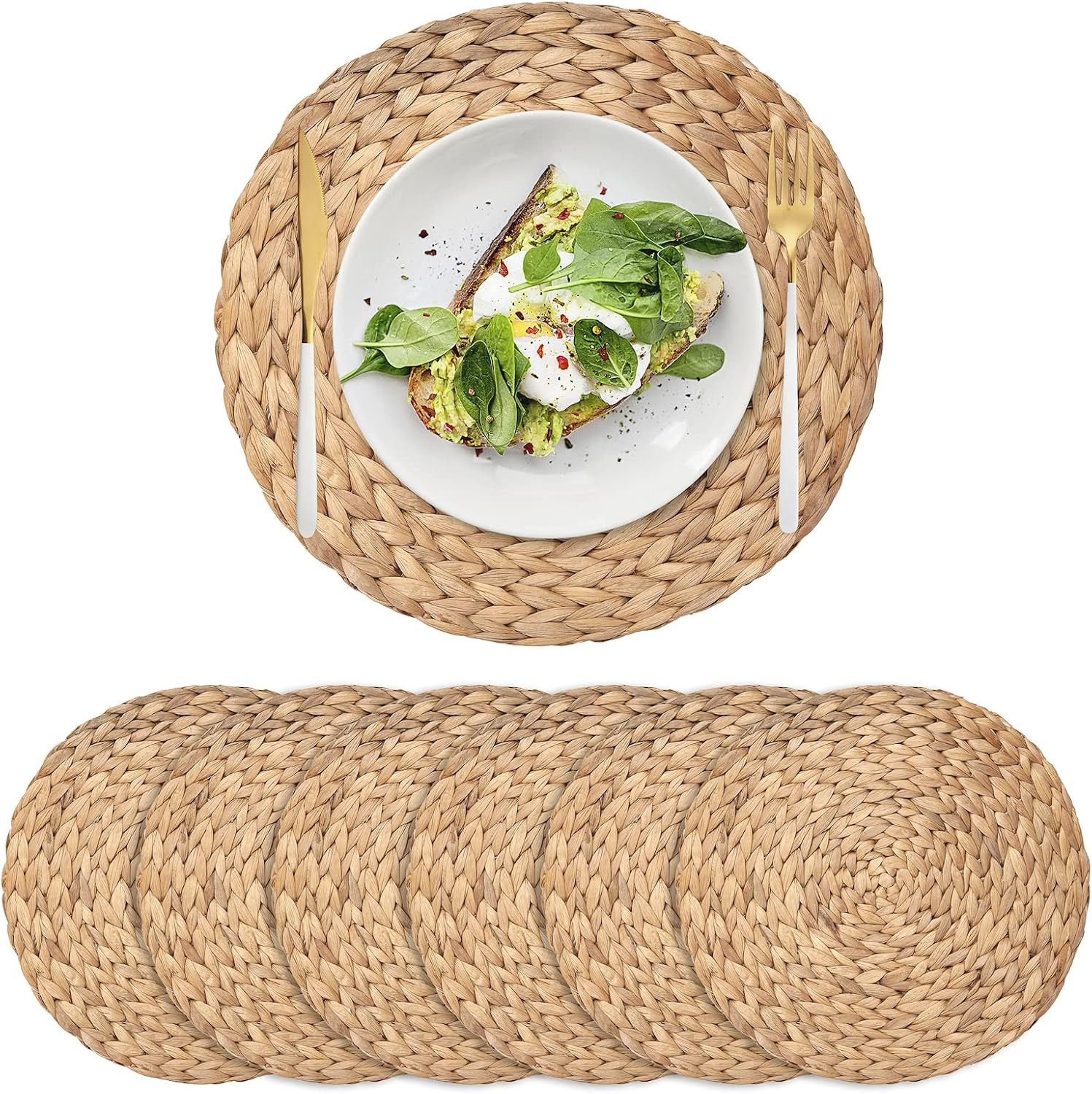 6 Pack Woven Placemats, Round Wicker Placemats, Rattan Place mats, Natural Hand-Woven Water Hyacinth Table Mats, Braided Straw Table Mats for Dining Table (11.8 inch) | Amazon (US)