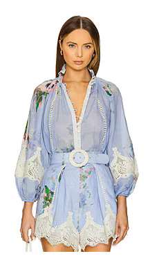 Zimmermann Everley Lace Trim Blouse in Light Blue Watercolour Floral from Revolve.com | Revolve Clothing (Global)