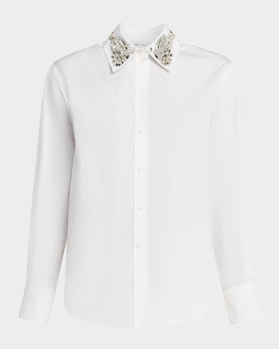 McQueen Crystal Collar Cotton Button-Down Shirt | Neiman Marcus