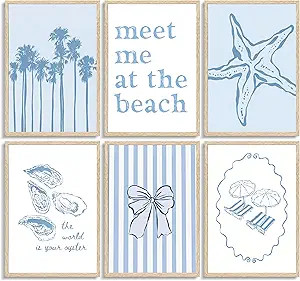 6pcs Preppy Light Blue Coastal Poster Wall Art,Meet Me at the Beach Painting Picture Wall Decor,P... | Amazon (US)