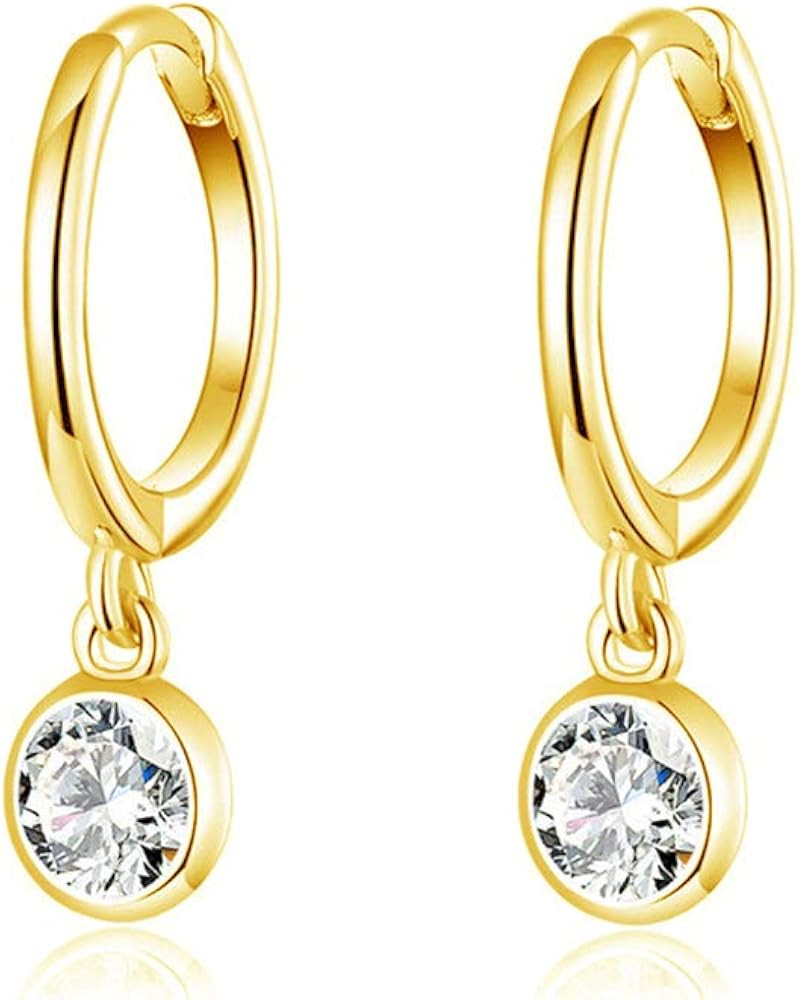 CZ Bezel Dangle Hoop Earrings for Women Girls 925 Sterling Silver Charms Minimalist Tiny Round Cu... | Amazon (US)
