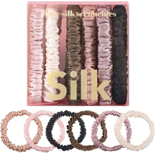 6Pcs Silk Hair Ties, Pure Mulberry Silk Hair Scrunchies No Damage Skinny Scrunchies Silk Ponytail Holder for Curly Thick Hair Women Girls Gift | Amazon (US)