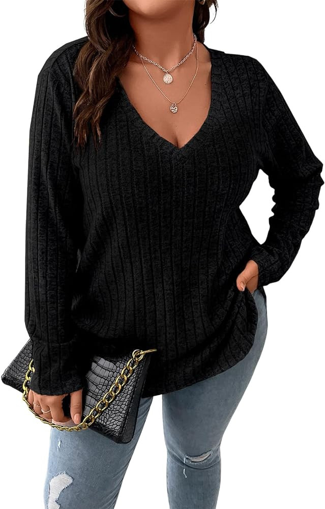 Women Plus Size Casual Knit Sweater V Neck Solid Color Tops Lightweight Long Sleeve Blouses | Amazon (US)