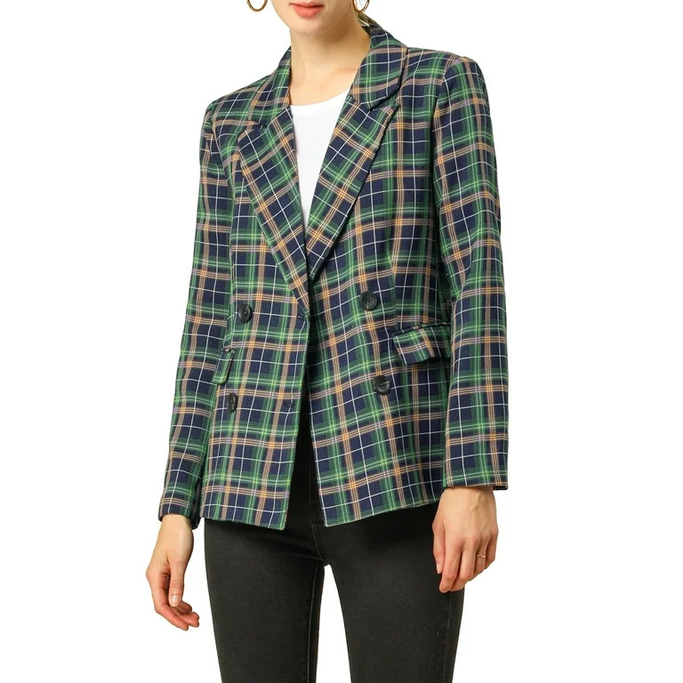 Allegra K Women's Notched Lapel Double Breasted Plaid Blazer - Walmart.com | Walmart (US)