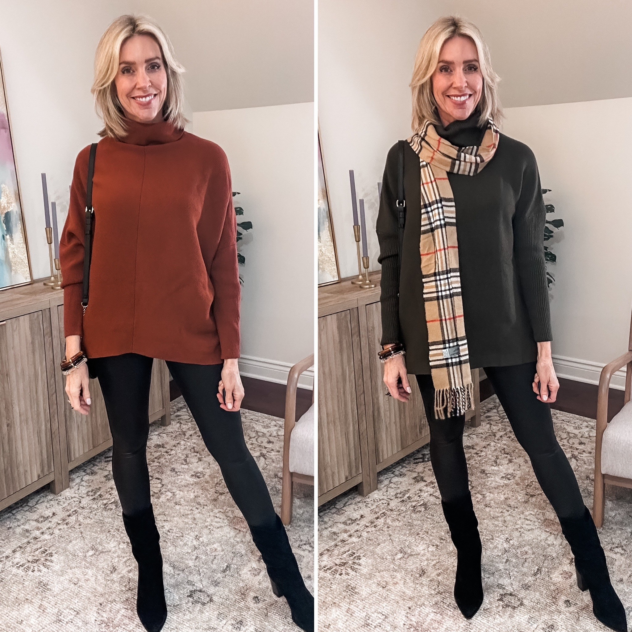 These tunic sweaters are a great length to wear with leggings and cover the
🍑 ! The both come in many colors and fit true to size. I love these faux leather leggings that dress the outfit up.

#LTKStyleTip #LTKFindsUnder50 #LTKOver40